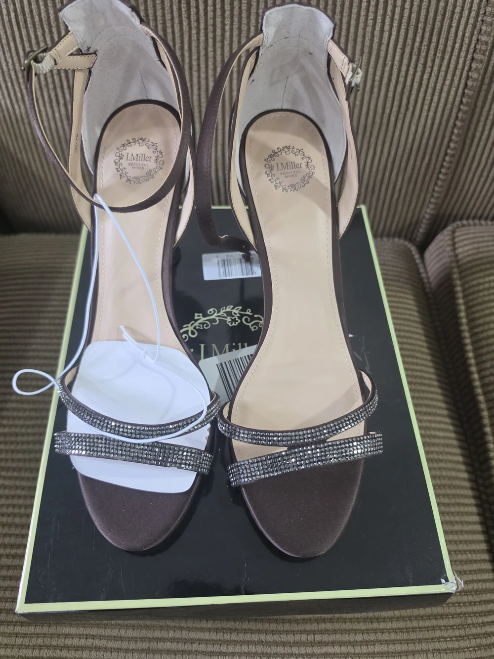 I. Miller Espresso Satin Crystal Strappy Heeled Sandals